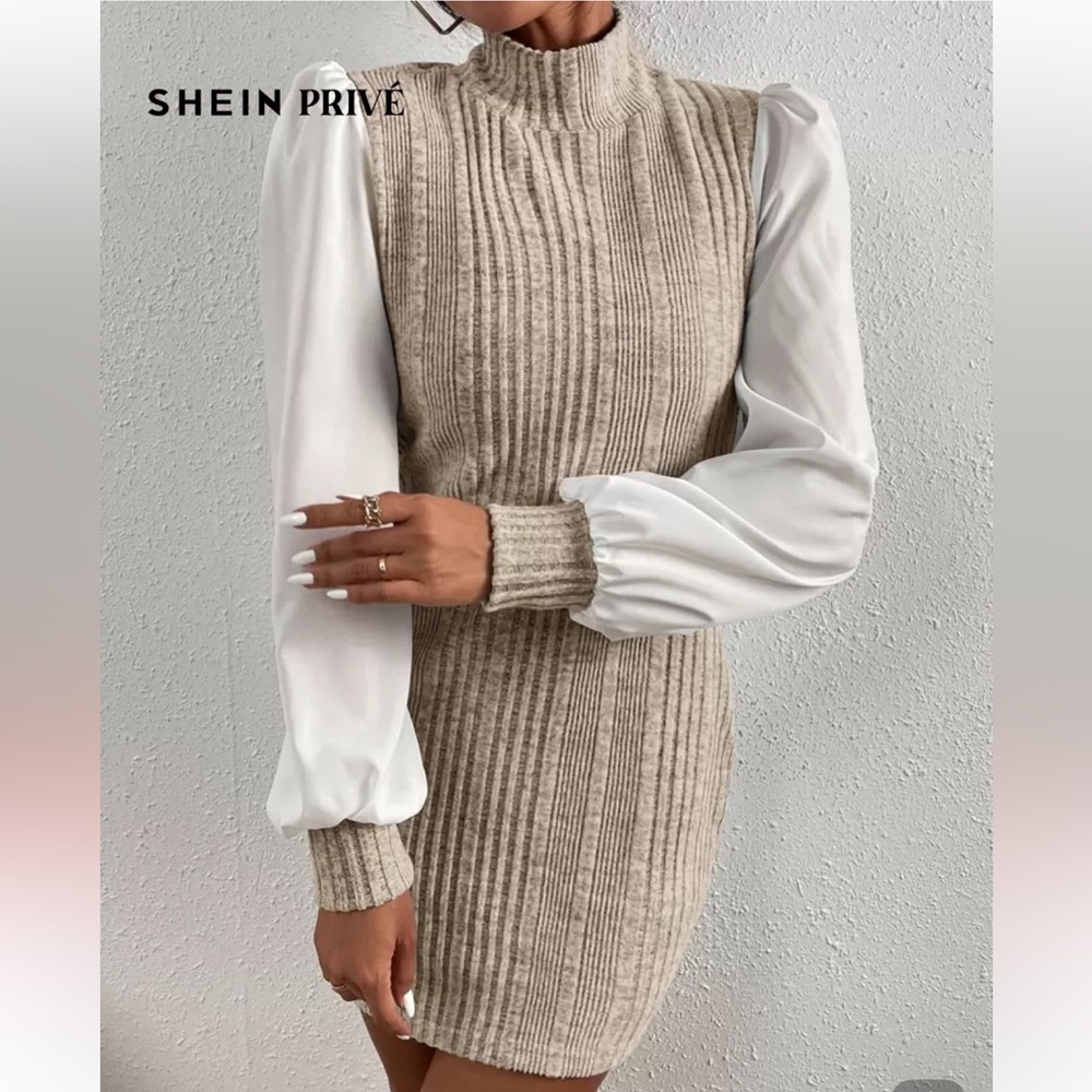 SHEIN Beige & White Bishop Long Sleeve Dress